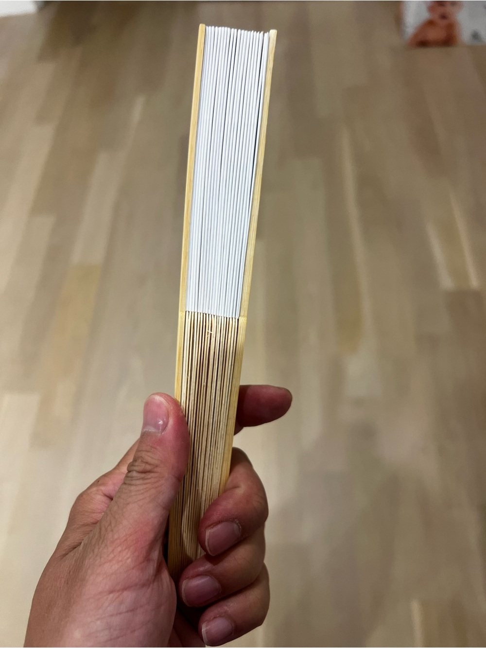 Handheld Folding Fan in White and Natural Wood - Picture 4 of 5